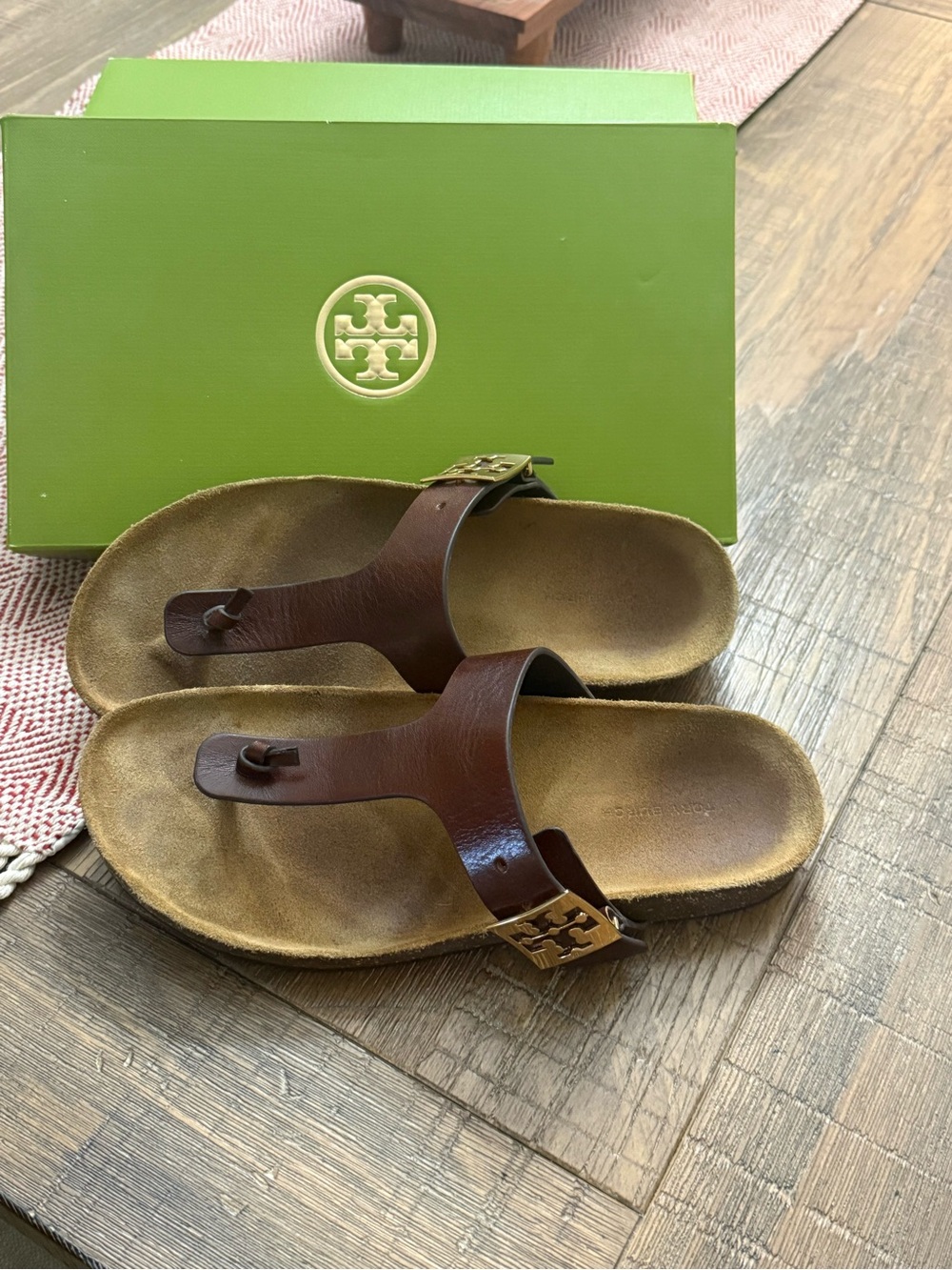 Tory Burch Brown Leather Toe-Post Sandals with Gold Logo Accent